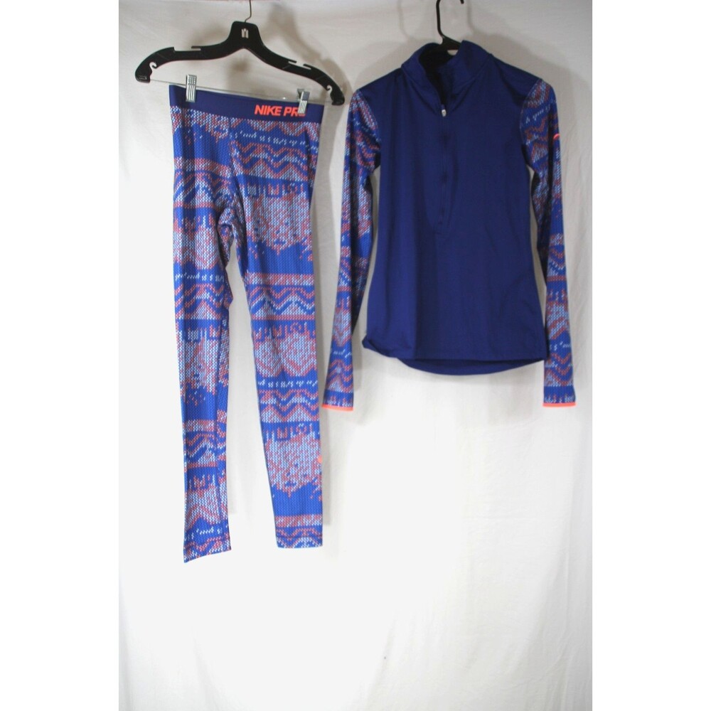 Nike Pro Dri-FIT Womens Blue Orange Geometric Chevron Print Leggings and Top Set